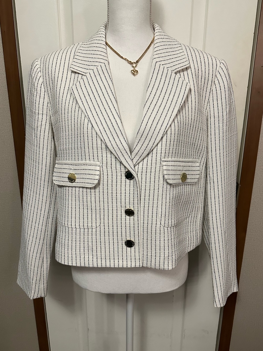 Nine West White Pinstripe Tweed Blazer with Gold Buttons